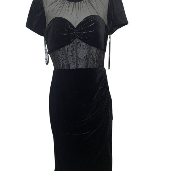 Mac Duggal Ieena Black Velvet Lace Bustier Midi Dress NWT Size 4 Style 20742 - Picture 2 of 6